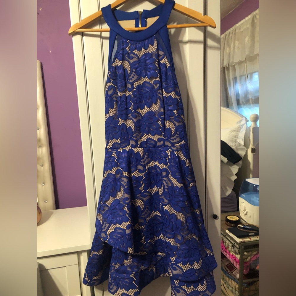 B. Darlin Tiered Asymmetric Skirt Lace Fit-and-Flare Dress. Size 9/10 Royal Blue